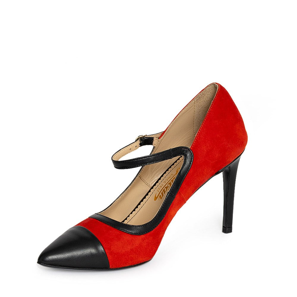 Pantofi dama Guban model 1538 piele nappa negru/velur rosu