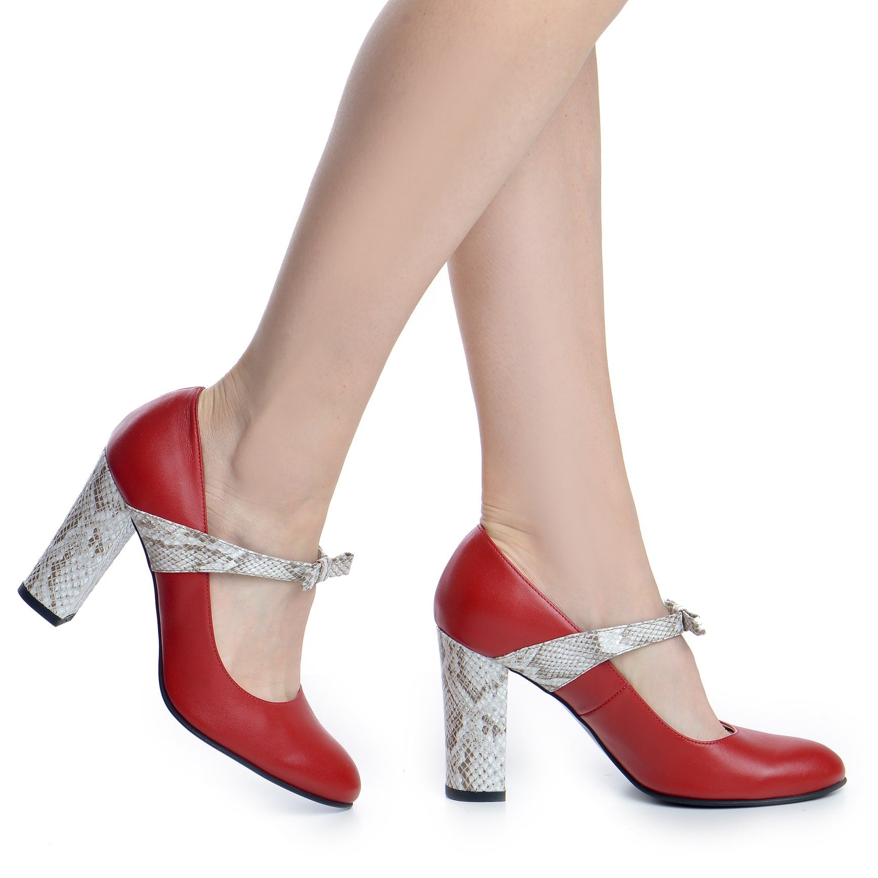 Pantofi dama Guban 3597 nappa rosu/sarpe alb-bej