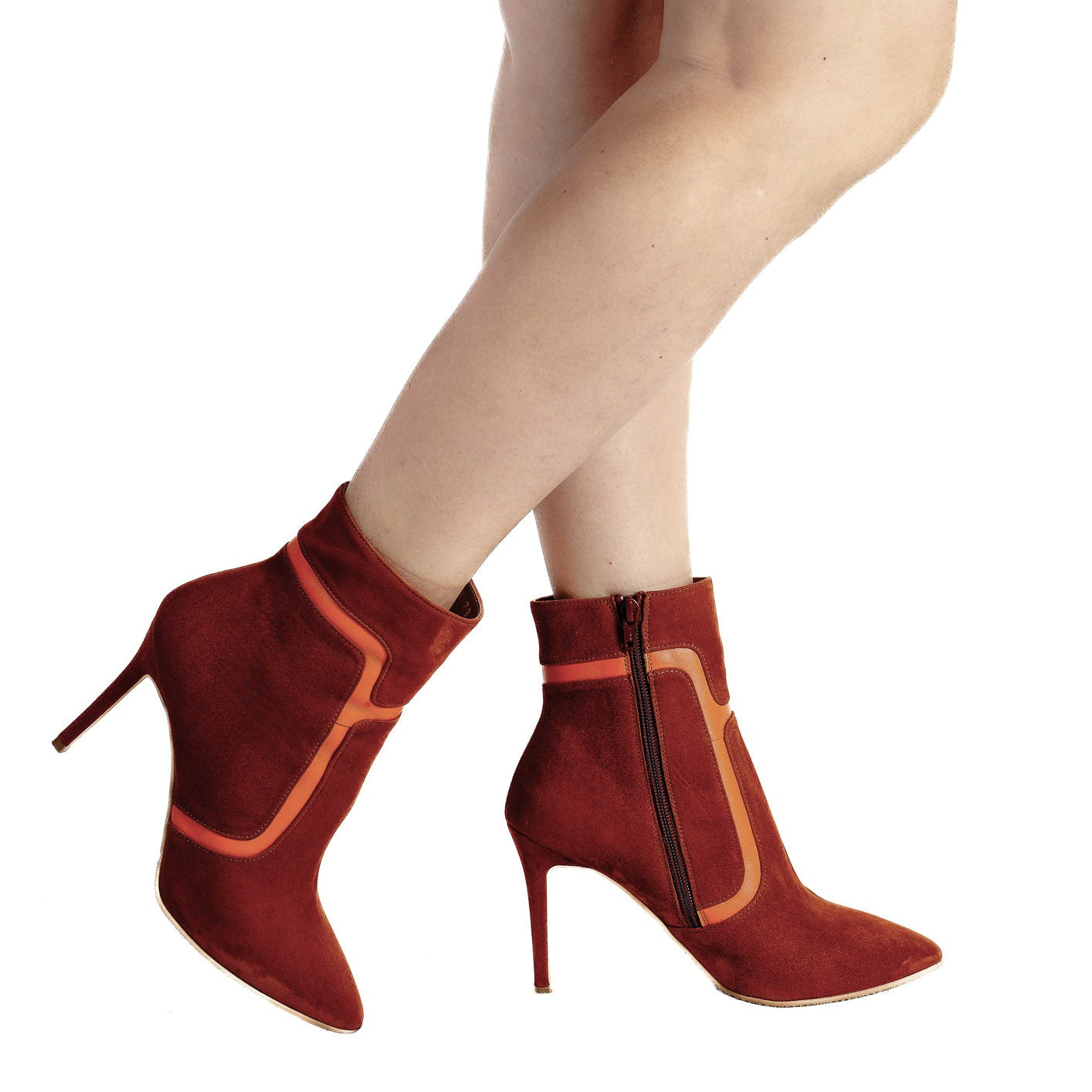 Botine dama Guban model 1086 velur caramiziu/ nappa portocaliu