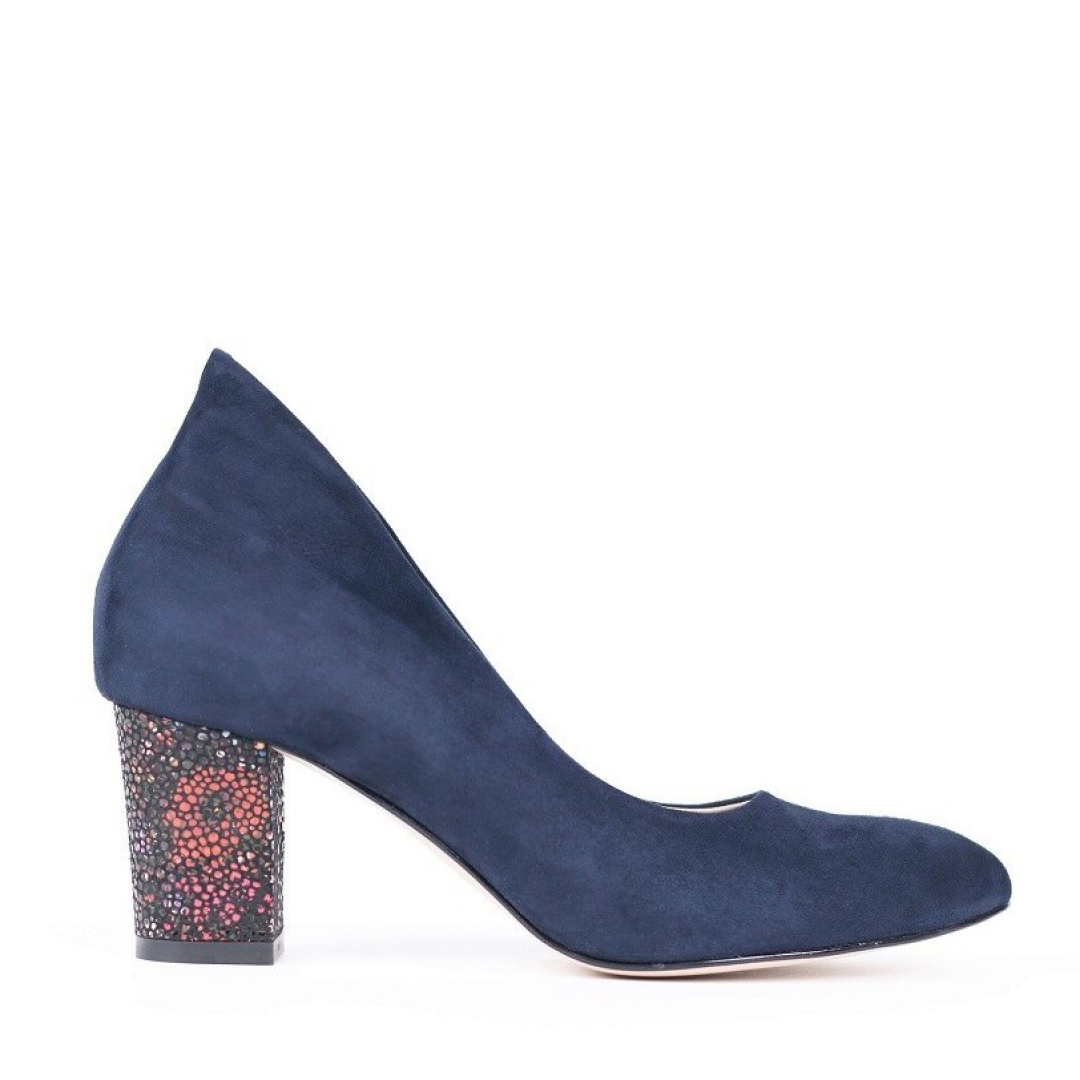 Pantofi dama Guban model 3279 piele velur bleumarin/velur flori caramizii
