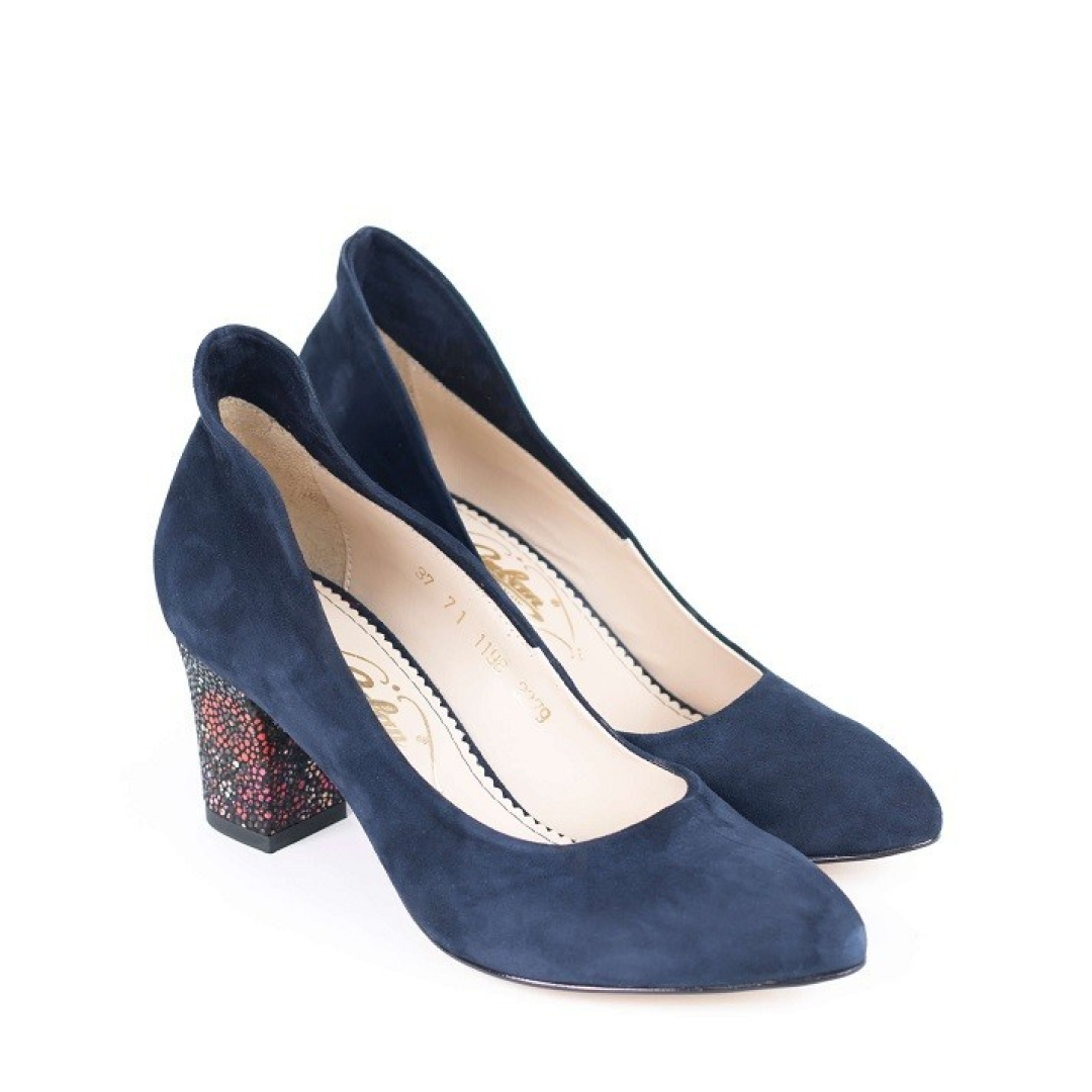 Pantofi dama Guban model 3279 piele velur bleumarin/velur flori caramizii