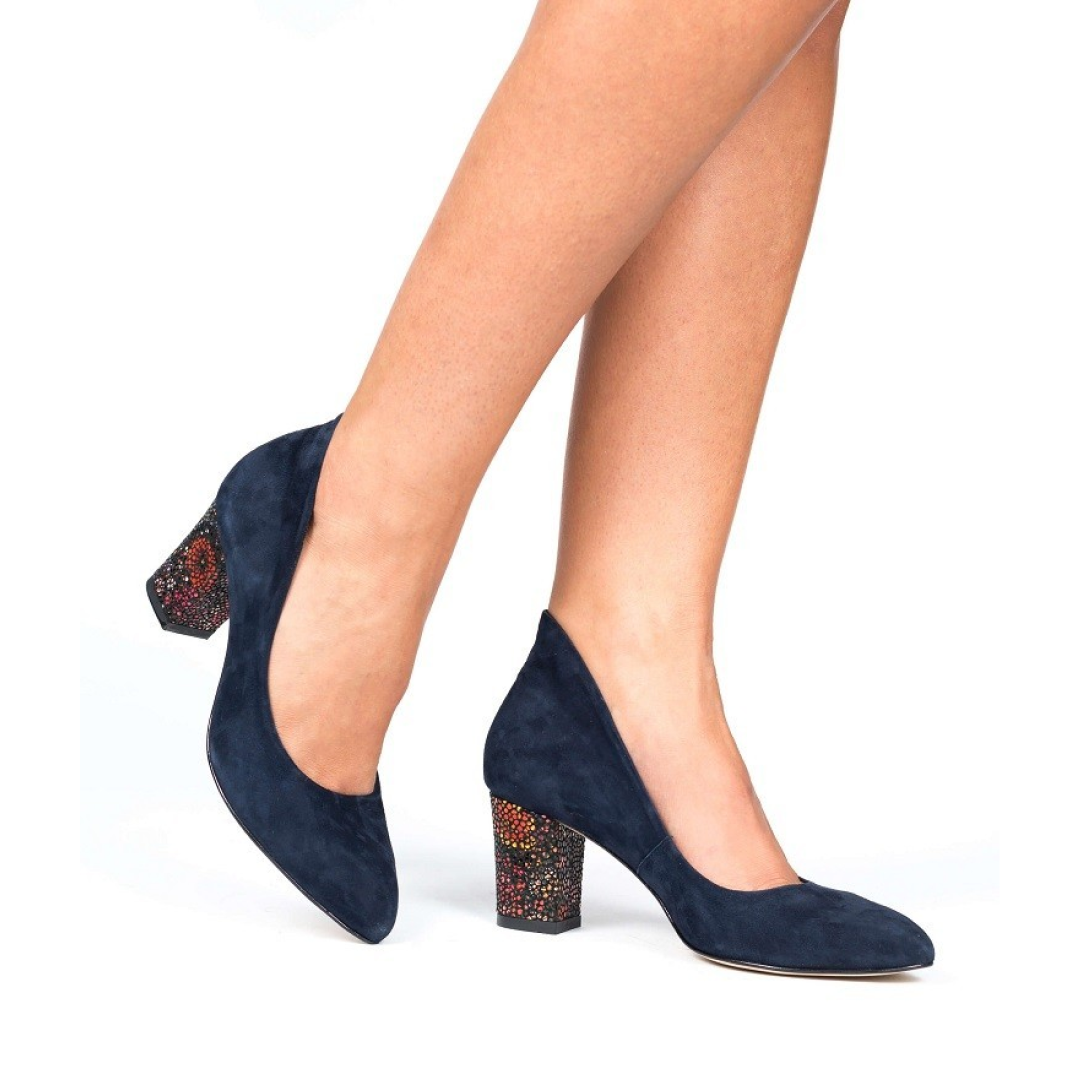 Pantofi dama Guban model 3279 piele velur bleumarin/velur flori caramizii