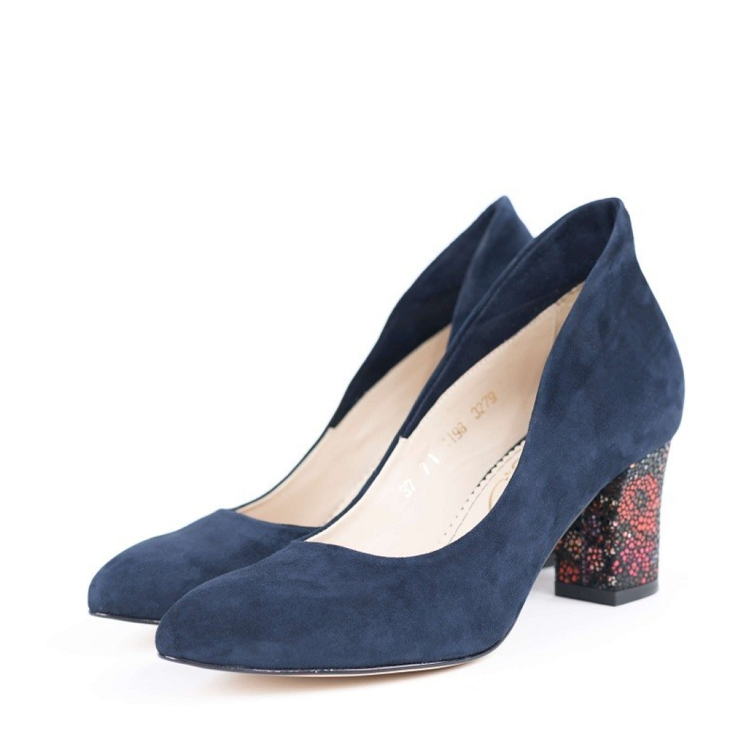 Pantofi dama Guban model 3279 piele velur bleumarin/velur flori caramizii